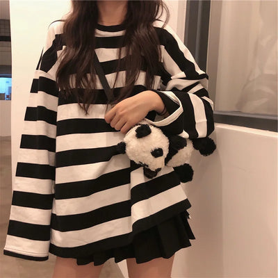 Striped T Shirt Women Casual Loose Long Sleeve Tops Female Streetwear Gothic Dark Shirts Spring Women T-shirt Vintage Blouse