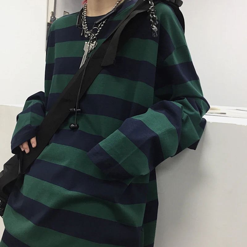 Striped T Shirt Women Casual Loose Long Sleeve Tops Female Streetwear Gothic Dark Shirts Spring Women T-shirt Vintage Blouse