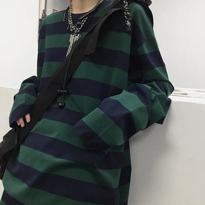 Striped T Shirt Women Casual Loose Long Sleeve Tops Female Streetwear Gothic Dark Shirts Spring Women T-shirt Vintage Blouse
