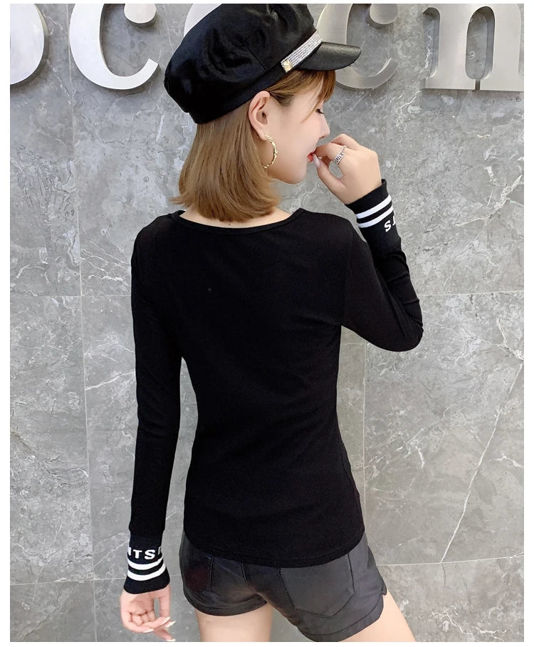 Fashion Sexy V-Neck T-shirt Women New Autumn Winter Tops European Clothes Long Sleeve Camiseta Mujer Bottoming Shirt Tees T9N101