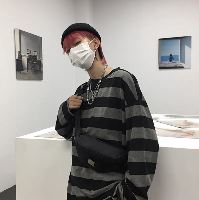 Striped T Shirt Women Casual Loose Long Sleeve Tops Female Streetwear Gothic Dark Shirts Spring Women T-shirt Vintage Blouse