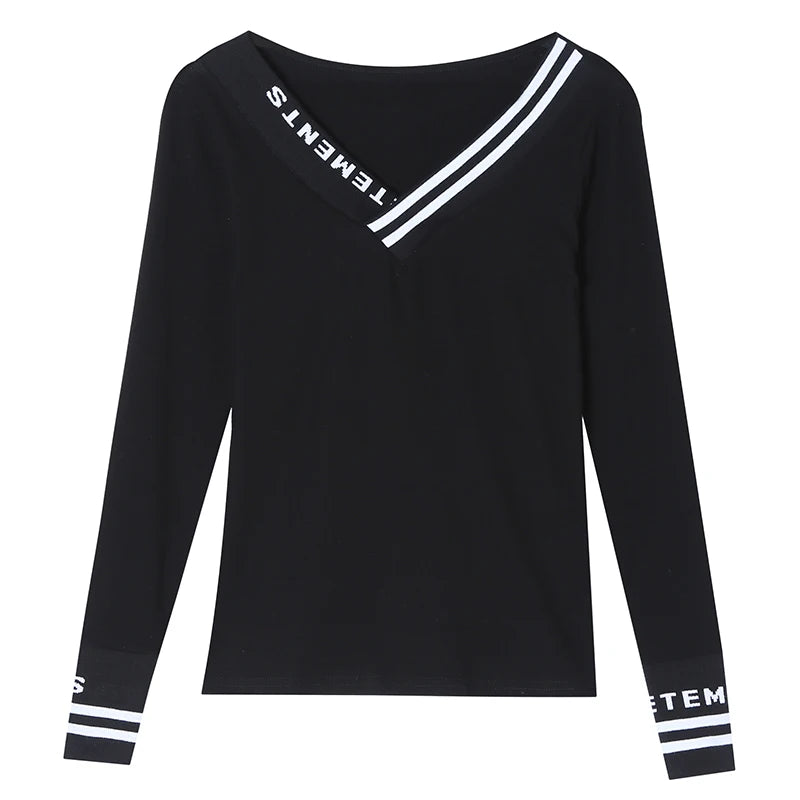 Fashion Sexy V-Neck T-shirt Women New Autumn Winter Tops European Clothes Long Sleeve Camiseta Mujer Bottoming Shirt Tees T9N101