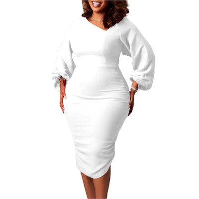Elegant Office Dress for Women Professional Skew Collar Full Sleeve Sheath Package Hips Mid Calf Formal Business Work Wear Dress