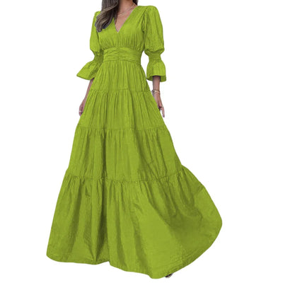Elegant Ruffle Splicing High Waist And Large Swing Dress For Spring 2025 New Women's Fashion V-neck Long Sleeved Maxi Dress