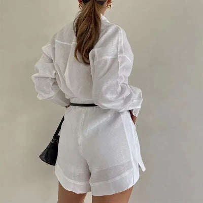 2024 Casual Beach Suits Fashion Summer Cotton Linen Loose Ruffle Shorts Suits Women Long Sleeve Drawstring Pullover 2 Pieces Set