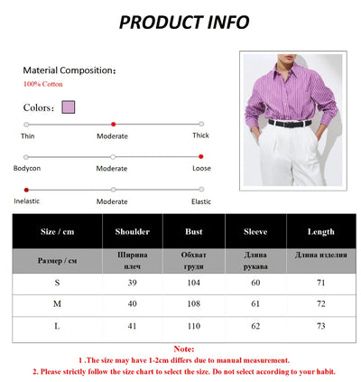 Wolfeel Loose Striped Shirts 2025 Autumn Chic 100% Cotton Blouse Female Tops Casual Lapel Oversized Lace Up Women Shirts