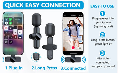 Wireless Lavalier Microphone for iPhone iPad Professional Mini Microphone Plug-Play on Lapel Mic for Video Recording Interview