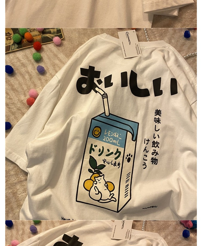 Cotton Loose Retro Short-sleeved T-shirt Women's 2024 Summer New Korean Version Cartoon Print Top