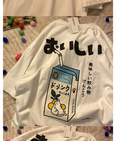 Cotton Loose Retro Short-sleeved T-shirt Women's 2024 Summer New Korean Version Cartoon Print Top
