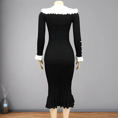 Elegant Party Dresses Woman Mid Length Ruffle Edge Dress with Contrasting Colors Knitted Dress 2024 Autumn Ladies French Dress