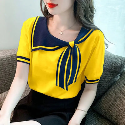 Casual Short Sleeve T-shirt for Women Loose Contrast Sweet All-match Solid Ice Silk Tops Tees Summer New Fashion Korean Clothing