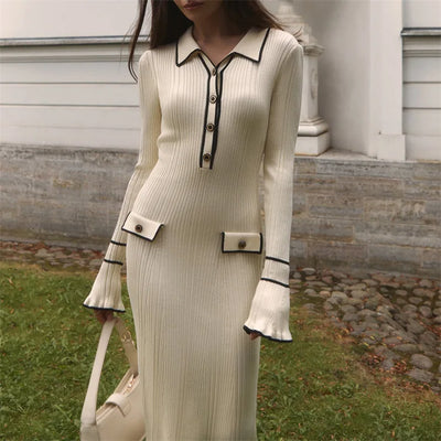 Elegant Ruffled Women Dress Long  Pit Stripe Knit Dresses For Winter Autumn Retro Lapel Pearl Button Fall Fashion Vestidos Robes