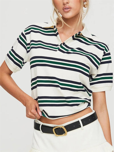 Casual Striped Polo T-Shirt for Women Long Sleeve Lapel Neck Half Button-up Aesthetic Pullover 2025 New Tops