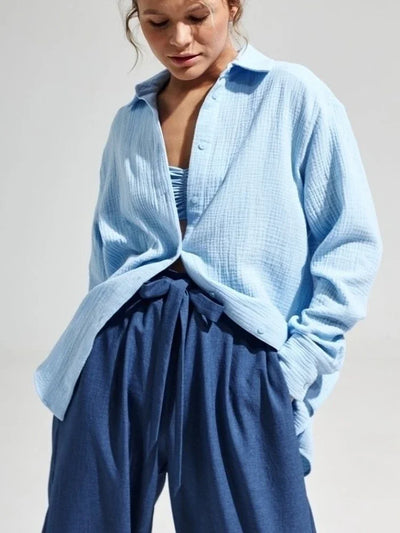 Wolfeel  Women's Spring Summer 100% Cotton Shirts Office Lady  Fashionable Solid Lady Long Sleeve Loose Tops Crepe Shirts