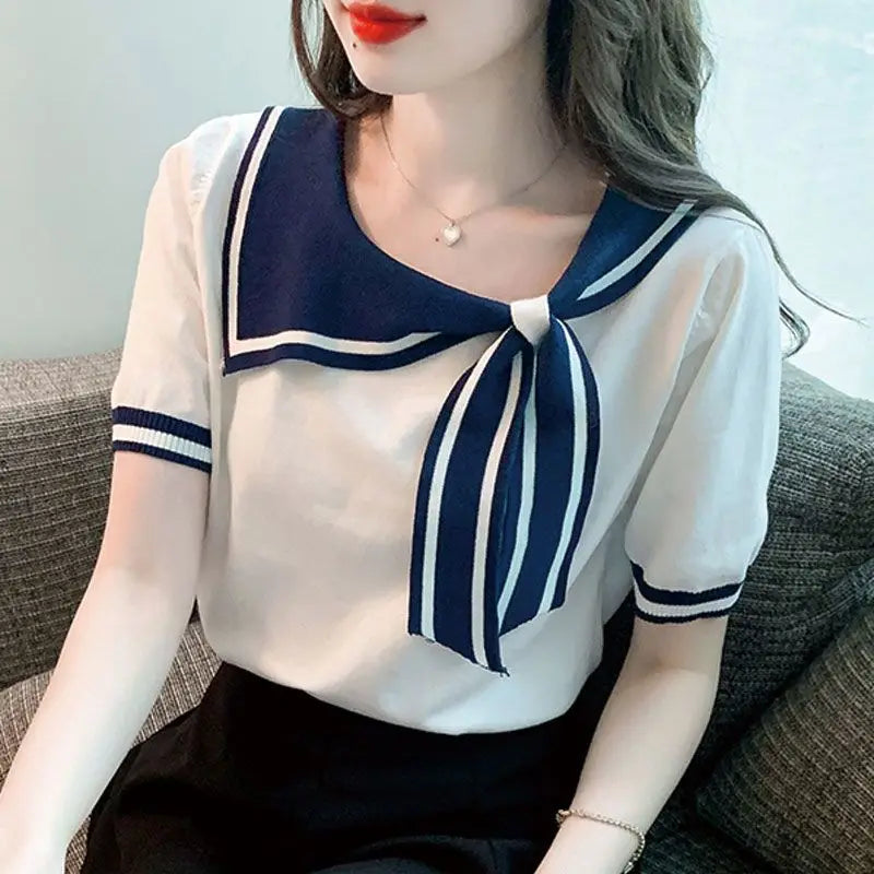 Casual Short Sleeve T-shirt for Women Loose Contrast Sweet All-match Solid Ice Silk Tops Tees Summer New Fashion Korean Clothing