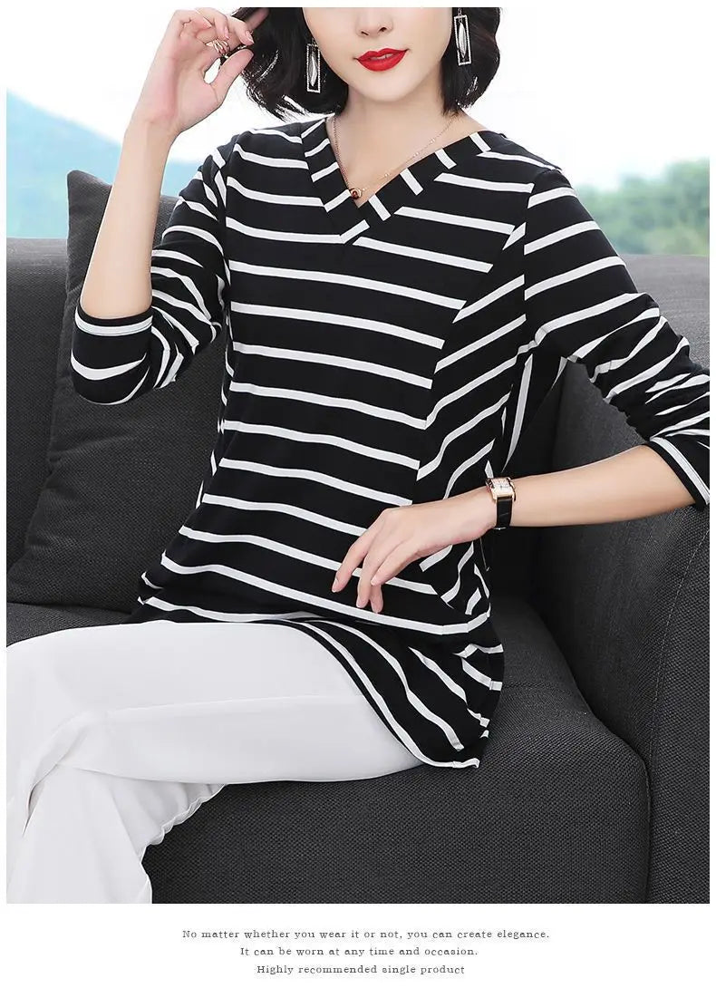 Women's V-Neck Casual All-match Midi Striped Tops Fashion Elegant Long Sleeve Pullovers T-shirt Female Clothing Spring Autumn