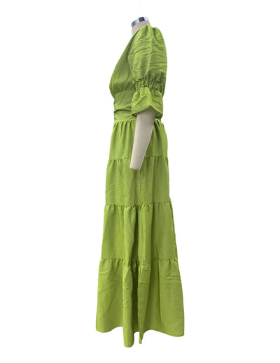 Elegant Ruffle Splicing High Waist And Large Swing Dress For Spring 2025 New Women's Fashion V-neck Long Sleeved Maxi Dress