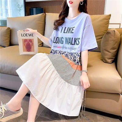 Casual Short Sleeve Letter Dresses Female Clothing Summer Loose A-Line Fashion Printed Patchwork Korean Round Neck Midi Dress