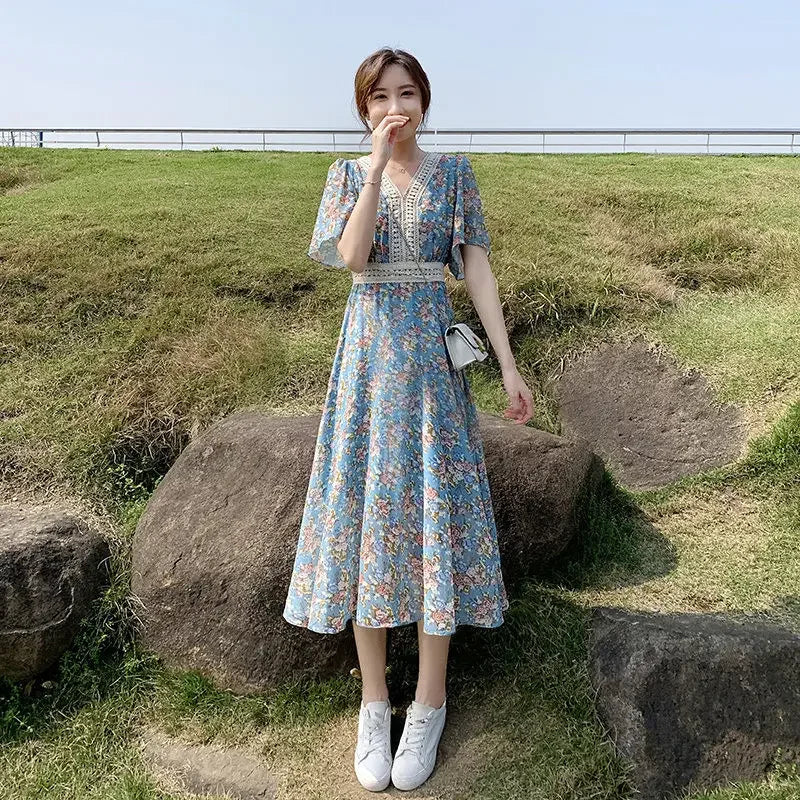 Midi Flower Women's Dress Floral Female Dresses 2024 Clothing New in Features Cotton Chic and Elegant Pretty Cheap Casual Loose