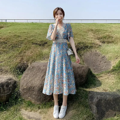 Midi Flower Women's Dress Floral Female Dresses 2024 Clothing New in Features Cotton Chic and Elegant Pretty Cheap Casual Loose