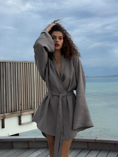 Wolfeel 2025 Autumn Summer New Cotton Linen Robe Dress Women's Fashion Lace Long Sleeve Dress Casual And Comfortable Beach Dress