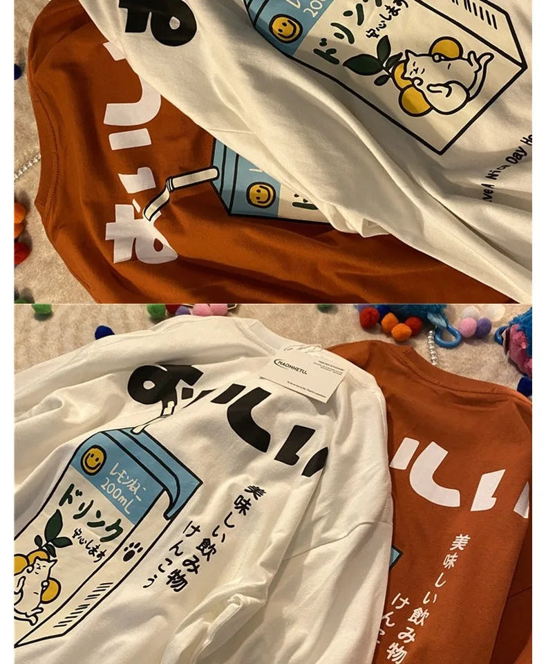 Cotton Loose Retro Short-sleeved T-shirt Women's 2024 Summer New Korean Version Cartoon Print Top