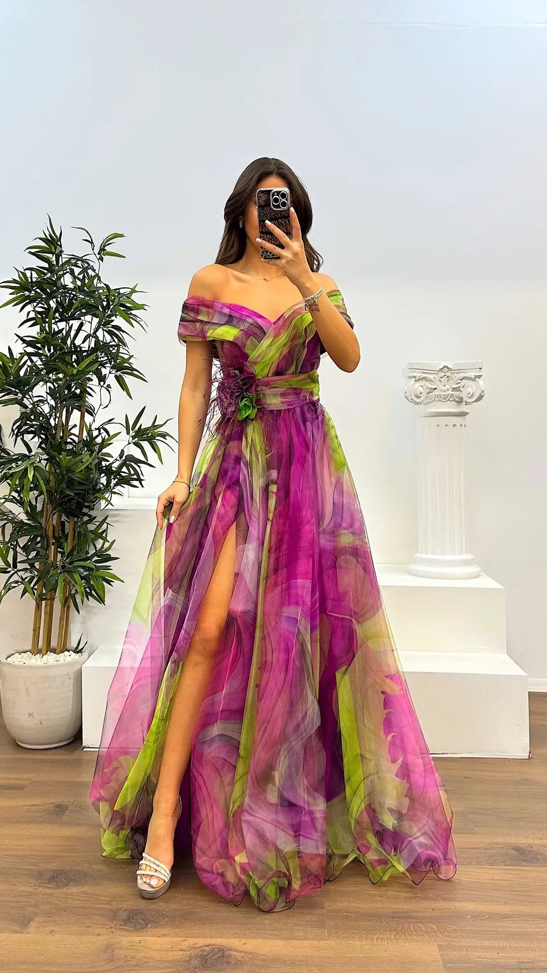 Elegant Formal Party Dress Elegant  Tie-dye Ball Gown with Mesh Bubble Sleeves Split Hem Women's Evening Dress