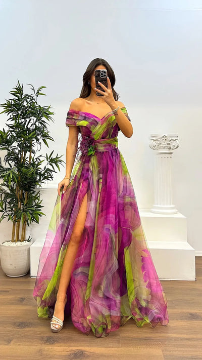 Elegant Formal Party Dress Elegant  Tie-dye Ball Gown with Mesh Bubble Sleeves Split Hem Women's Evening Dress