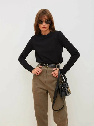 Wolfeel Women's Spring Autumn 100% Cotton T-shirt Bottoming Basic Solid Lady Long Sleeve Loose Tops Shirts Oversized T Shirt