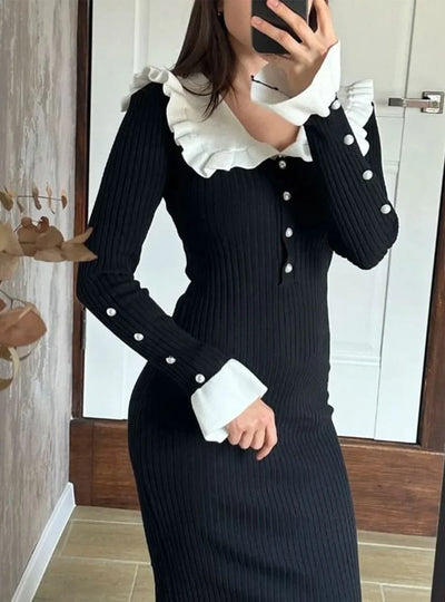 Elegant Party Dresses Woman Mid Length Ruffle Edge Dress with Contrasting Colors Knitted Dress 2024 Autumn Ladies French Dress