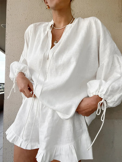 2024 Casual Beach Suits Fashion Summer Cotton Linen Loose Ruffle Shorts Suits Women Long Sleeve Drawstring Pullover 2 Pieces Set