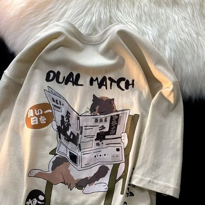 Cotton summer Japanese retro cartoon cat short sleeved t-shirt men loose Korean version lazy style half sleeved shirt harajuku