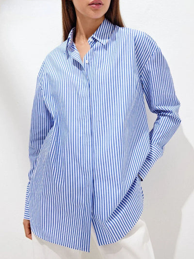 Wolfeel Loose Striped Shirts 2025 Autumn Chic 100% Cotton Blouse Female Tops Casual Lapel Oversized Lace Up Women Shirts
