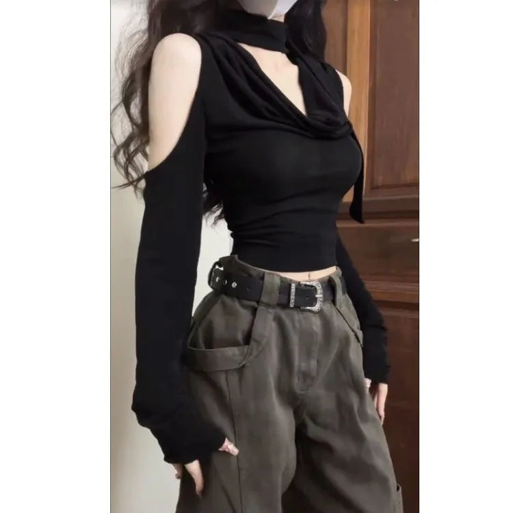 Fashion V-neck Black Halter Tops Women 2025 Summer Nw Slim Waist Tee Shirt Y2k E-Girl Long Sleeve Off Shoulder T-shirts