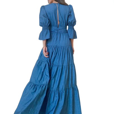 Elegant Ruffle Splicing High Waist And Large Swing Dress For Spring 2025 New Women's Fashion V-neck Long Sleeved Maxi Dress