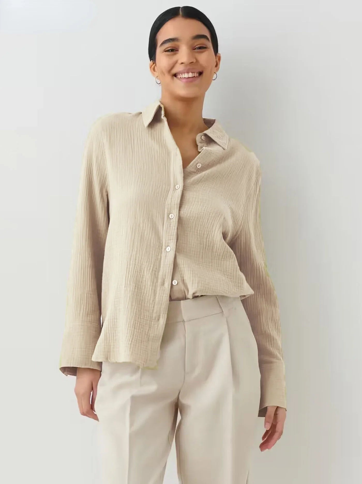 Wolfeel  Women's Spring Summer 100% Cotton Shirts Office Lady  Fashionable Solid Lady Long Sleeve Loose Tops Crepe Shirts