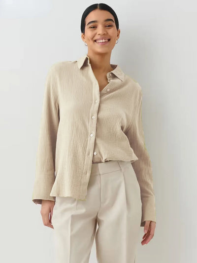 Wolfeel  Women's Spring Summer 100% Cotton Shirts Office Lady  Fashionable Solid Lady Long Sleeve Loose Tops Crepe Shirts