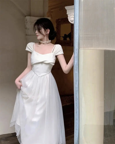 Midi Dress Women Pure Princess Summer Aesthetic Defined Elegant Ladies Gentle Spliced Chic Mesh Partywear French Style Vestidos
