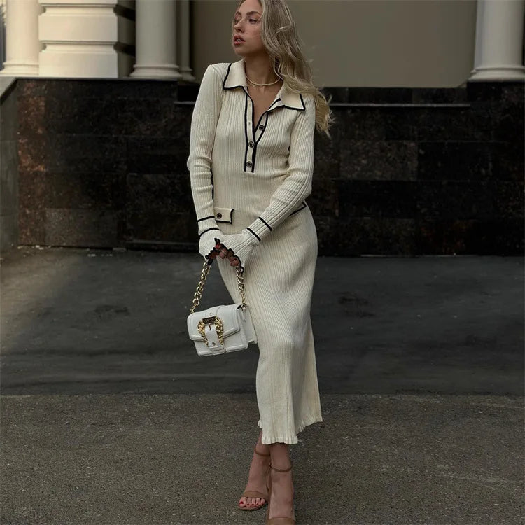 Elegant Ruffled Women Dress Long  Pit Stripe Knit Dresses For Winter Autumn Retro Lapel Pearl Button Fall Fashion Vestidos Robes