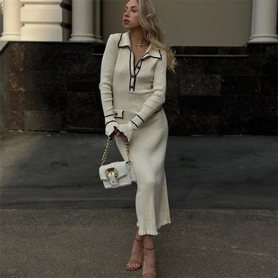 Elegant Ruffled Women Dress Long  Pit Stripe Knit Dresses For Winter Autumn Retro Lapel Pearl Button Fall Fashion Vestidos Robes