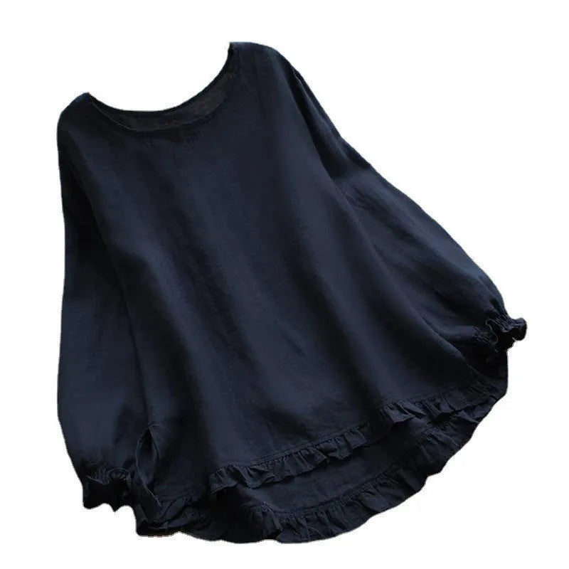 Casual Pullover Blouse For Women 2024 Autumn New Ladies Cotton And Linen Solid Color Loose Ruffle Round Neck Long Sleeved Shirt