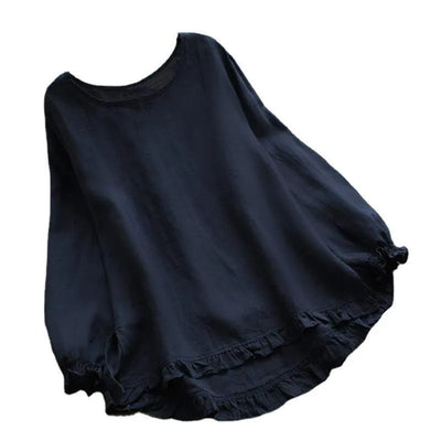 Casual Pullover Blouse For Women 2024 Autumn New Ladies Cotton And Linen Solid Color Loose Ruffle Round Neck Long Sleeved Shirt