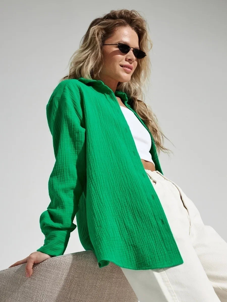 Wolfeel  Women's Spring Summer 100% Cotton Shirts Office Lady  Fashionable Solid Lady Long Sleeve Loose Tops Crepe Shirts