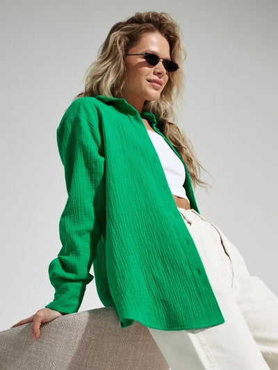 Wolfeel  Women's Spring Summer 100% Cotton Shirts Office Lady  Fashionable Solid Lady Long Sleeve Loose Tops Crepe Shirts
