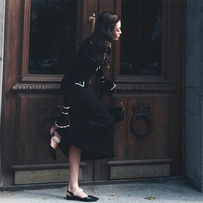 Elegant Ruffled Women Dress Long  Pit Stripe Knit Dresses For Winter Autumn Retro Lapel Pearl Button Fall Fashion Vestidos Robes
