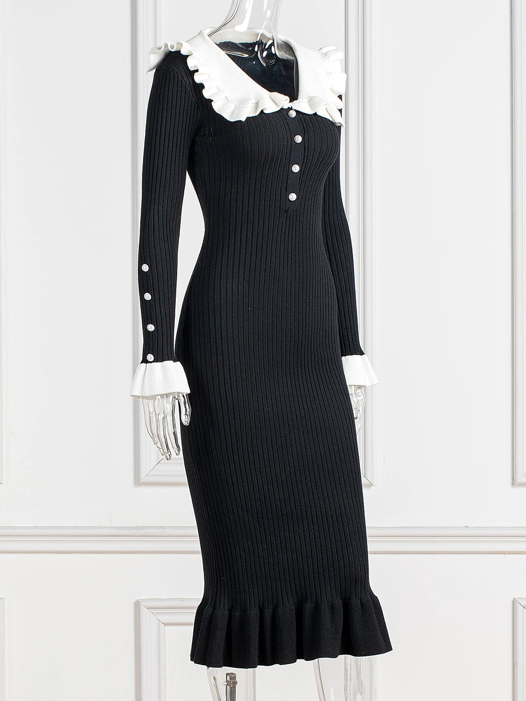 Elegant Ruffled Women Dress Long  Pit Stripe Knit Dresses For Winter Autumn Retro Lapel Pearl Button Fall Fashion Vestidos Robes