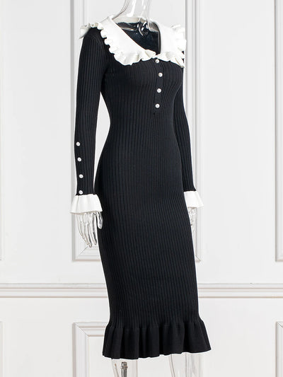 Elegant Ruffled Women Dress Long  Pit Stripe Knit Dresses For Winter Autumn Retro Lapel Pearl Button Fall Fashion Vestidos Robes