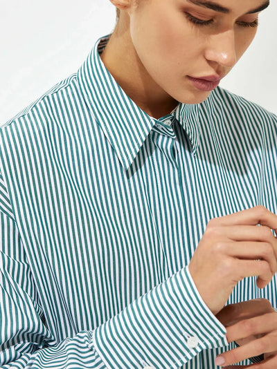 Wolfeel Loose Striped Shirts 2025 Autumn Chic 100% Cotton Blouse Female Tops Casual Lapel Oversized Lace Up Women Shirts