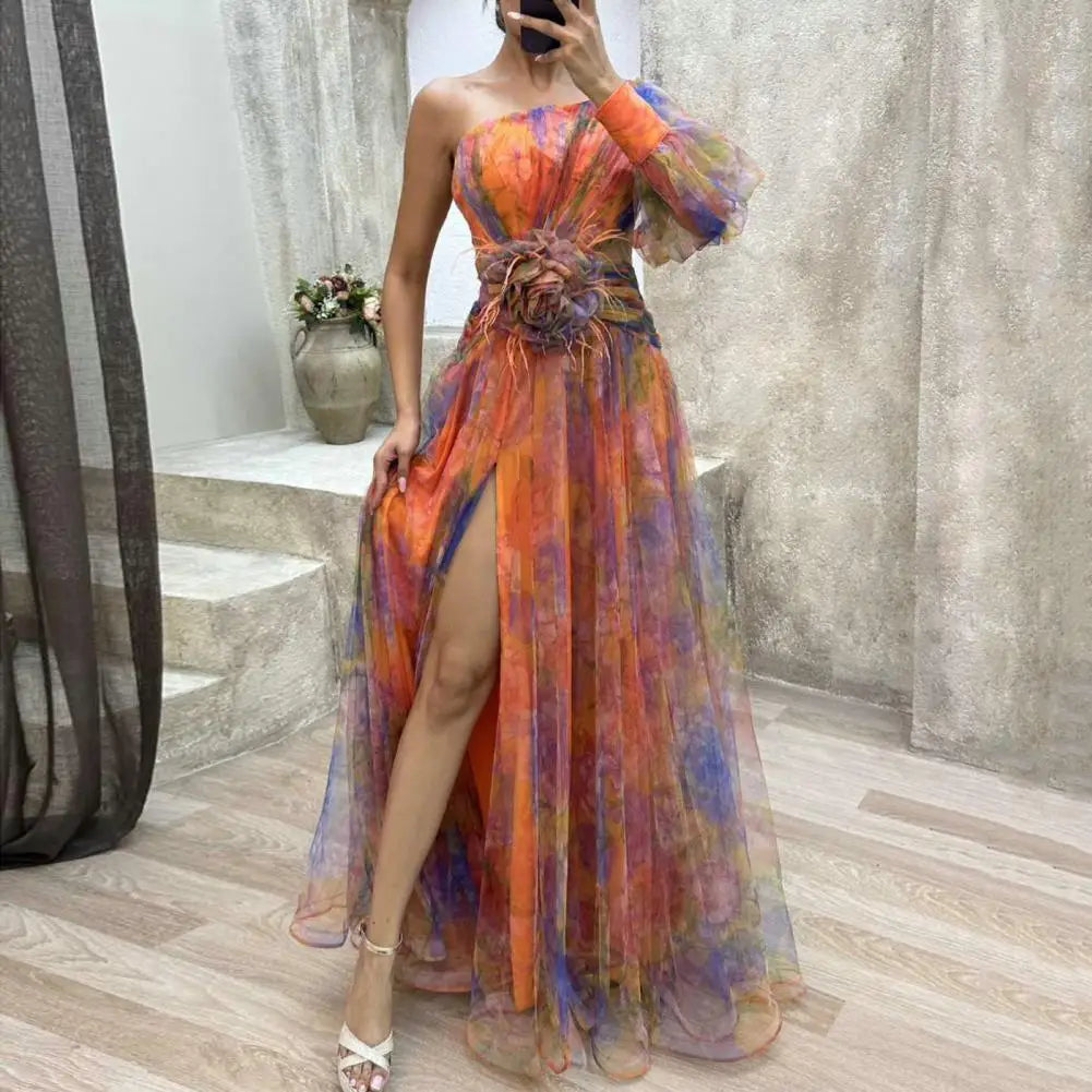 Elegant Formal Party Dress Elegant One Shoulder Tie-dye Ball Gown with Mesh Bubble Sleeves Split Hem Women's Evening Dress