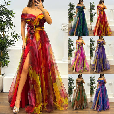 Elegant Formal Party Dress Elegant  Tie-dye Ball Gown with Mesh Bubble Sleeves Split Hem Women's Evening Dress